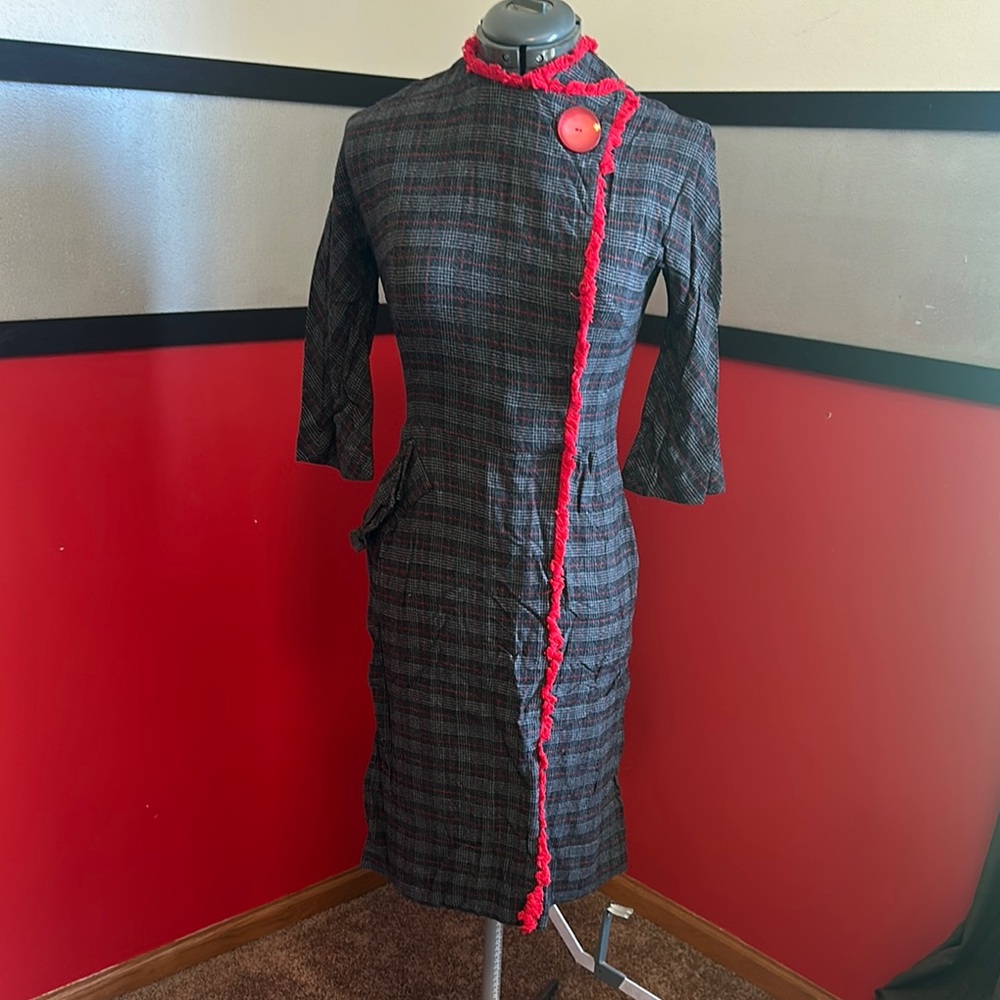 Vintage Elegant Long Sleeve Plaid Dress with Red Trim